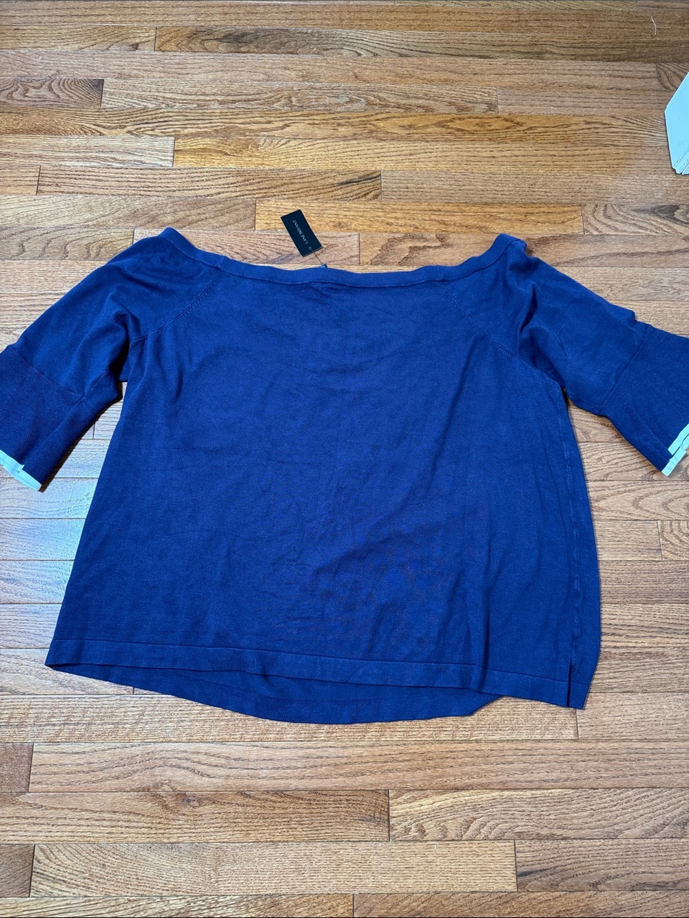 Lane Bryant Navy Off-Shoulder Knit Top with white Contrast Trim and bell sleeve - Picture 3 of 5
